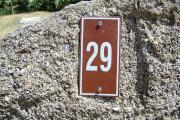Large rock with metal sign with campsite number 29 on it located to the left of the site. Ground cover around rock.