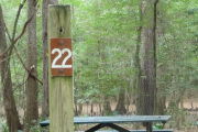 Sign post for site #22 with picnic table.