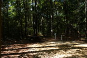 Campsite with picnic table and ground grill and a lot of shade.