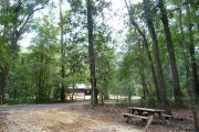 Campsite with picnic table and view of horse stables.