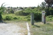 Picture of campsite with water and electric hookup backing up to the coastal vegetation and beach dune