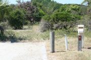 Picture of campsite with water and electric hookup backing up to the coastal vegetation and beach dune