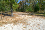 View of a vacant campsite with brown site marker and arrow. Campsite is partially shaded with sparse vegetation in the main part of the site and tall grass and bushes in the background. There are several small trees on the edges of the site. Photo shows fire ring and a picnic table.