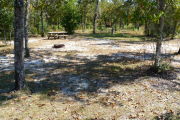 View of a vacant campsite with brown site marker and arrow. Campsite is partially shaded with sparse vegetation tall grasses and bushes are present in the background. There are small trees on the edges of the site. Photo shows fire ring, a picnic table, electric pedestal, and a water spigot.
