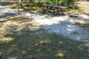 View of a vacant campsite with a fire ring and a picnic table. There is grass in the foreground and bushes and trees in the background. The site is partly shaded.