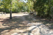 View of a vacant site with a picnic table, fire ring, electric pedestal, and a water spigot. Grass is present in most of the site and there is partial shade. The site has several small trees on the edges and there is a wooden barricade at the back of the site.