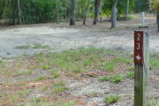 View of a vacant campsite with a brown site marker in the foreground. There is grass around the site marker but the main part of the site is sandy. Several trees are in the background and an electric pedestal and water spigot are on the back edge of the site.