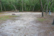 Vacant campsite with a picnic table, fire ring, electric pedestal, and water spigot. The main part of the site is sandy and there is grass around the edges. There are several trees surrounding the site and it is partly shaded.