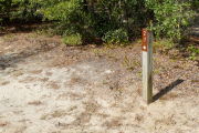 Close up of a brown site marker with an arrow on a wooden post. The foreground is sandy and there is dense vegetation in the background.