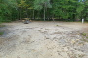 View of a vacant campsite with a picnic table, fire ring, electric pedestal, and water spigot. The site is sandy and has trees all around. There is partial shade.