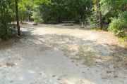 View of a vacant campsite with a picnic table, fire ring, electric pedestal, and water spigot. The site is sandy with some sparse vegetation and has trees all around. There is partial shade.
