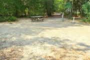 View of a vacant campsite with a picnic table, fire ring, electric pedestal, and water spigot. The site is sandy with some sparse vegetation and has trees all around. There is partial shade. In the background there is a path exiting the site.