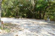 View of a vacant campsite with a picnic table, fire ring, electric pedestal, and water spigot. In the foreground is a brown site marker. A large tree is to the left of the post and the back edge is densely forested. The main part of the site is sandy with sparse vegetation and has partial shade.