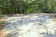 View of a vacant campsite with a picnic table, fire ring, electric pedestal, and water spigot. The back edge of the site is densely forested. The main part of the site is sandy with sparse vegetation and there is partial shade.