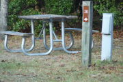 Close up of a picnic table and electric pedestal. A brown site marker with an arrow on a wooden post is to the left of the picnic table. There is grass in the foreground and some small bushes in the background.