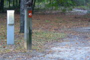 Close up of a brown site marker on a wooden post. There is sand in foreground with leaves and grass mixed in. An electric pedestal is to the right of the marker and there is a large tree directly behind.