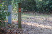 Close up of a brown site marker on a wooden post. An electric pedestal is located to the left of the post and there are dense bushes in the background.