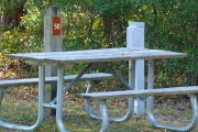 Close up of a picnic table with a site marker and an electric pedestal. There is grass in the foreground and bushes in the background.