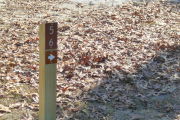 Close up of a brown site marker with an arrow on a wooden post. Grass and leaves are present in the background.