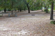 View of a vacant campsite with a picnic table, grill, and water spigot (this site does not have electricity).  The main part of the site is sandy with some patches of grass. There are trees spread throughout the site and there is partial shade.