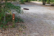 View of a vacant campsite with a brown site marker on a wooden post. The site marker is in the foreground and a picnic table and fire ring are present in the background. The main part of the site is sand. There are a few trees around the site and there is partial shade.