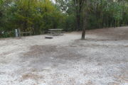 View of a vacant campsite with a picnic table, fire ring, water spigot, and electric pedestal. The main part of the campsite is sand and the back of the site is densely forested. There is a medium size tree in the middle of the site. There is partial shade.