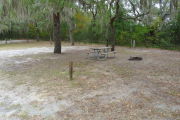 View of a vacant campsite with a picnic table, fire ring, electric pedestal, and water spigot. The main part of the site is sandy with patches of grass. There are two medium size trees in the site and the back of the site is densely forested creating partial shade.