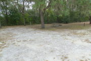 View of a vacant campsite with a picnic table, fire ring, electric pedestal, and water spigot. The main part of the site is sandy with patches of grass. There are two medium size trees in the site and the back of the site is densely forested creating partial shade.