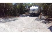 Front view of campsite 2 showing it surrounded by native vegetation with pine trees in the background. Picnic table, electric and water hook-up are shown. Site is dirt.