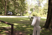 Shaded campsite with a picnic table.