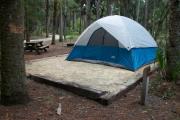Primitive campsite with sand pad, picnic table and ground grill. A blue tent is on the site, not included.