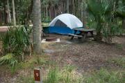 Primitive campsite with picnic table and ground grill. A blue tent and lawn chair are in the site, not included.