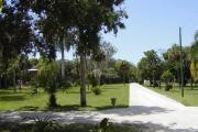 A view down the main promenade of the historic Koreshan settlement with it manicured lawns and buildings set in among the many native and exotic trees.