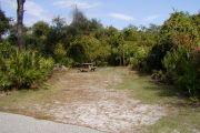 Picnic table and cloths posts at rear of mostly grassy site.