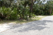 Site marker in shade near edge of paved road.