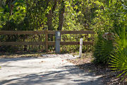 A fire ring, picnic table, rustic wooden fencing, and recreational vehicle utility hook-ups surrounded by dense green vegetation on campsite number one at Lake Griffin State Park