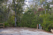 Recreational vehicle utility hook-ups, rustic wooden fencing, and a picnic table are surrounded by a dense green oak hardwood and sabal palm forest on campsite number nineteen at Lake Griffin State Park