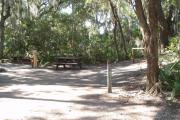 Lush vegetation of Spanish moss draped live oak, cedar, and palmetto surrounding an open campsite with a picnic table, fire ring, water spigot, and electrical hook-up stanchion.