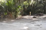 Lush vegetation of Spanish moss draped live oak, sable palm, and palmetto shading an open campsite with a picnic table, fire ring, cloths line, and electrical hook-up stanchion.