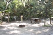 Lush vegetation of Spanish moss draped live oak, sable palm, and palmetto surrounding an open campsite with a picnic table, fire ring, cloths line, water spigot, and electrical hook-up stanchion.