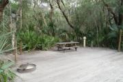 Lush vegetation of Spanish moss draped live oak, sable palms, and palmetto surrounding an open campsite with an electrical hook-up stanchion, a water spigot, a picnic table and a fire ring.