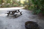 Lush vegetation of Spanish moss draped live oak, sable palms, and palmetto shading an open campsite with a picnic table, fire ring and cloths line.