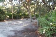 Lush vegetation of Spanish moss draped live oak, palmetto, and red cedar shading an open campsite with a picnic table, fire ring, and water spigot.