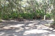 Lush vegetation of Spanish moss draped live oak and palmetto surrounding an open campsite with a picnic table, cloths line, fire ring, water spigot, and electrical hook-up stanchion.