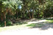 This is a picture of campsite 4 looking from the road into the partly sunny site.  This site has 50amp service and water hookups.  There is a gravel foundation with a picnic table and a ground campfire ring.