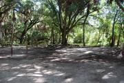 This is a picture of campsite 8 looking from the road into the partly sunny site.  This site has 50amp service and water hookups.  There is a gravel foundation with a picnic table and a ground campfire ring.