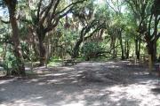 This is a picture of campsite 9 looking from the road into the shady site.  This site has 50amp service and water hookups.  There is a gravel foundation with a picnic table and a ground campfire ring.
