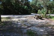 This is a picture of campsite 34 from the back of the site looking toward the road.   The site has water and 50amp electric service.  This is a sunny site with a gravel foundation.  The site has a picnic table and a ground campfire ring.