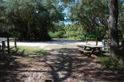 This is a picture of campsite 36 from the back of the site looking toward the road.   The site has water and 50amp electric service.  This is a partly sunny site with a gravel foundation.  The site has a picnic table and a ground campfire ring.