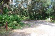 This is a picture of campsite 38 looking from the road into the partly sunny site.  This site has 50amp service and water hookups.  There is a gravel foundation with a picnic table and a ground campfire ring.